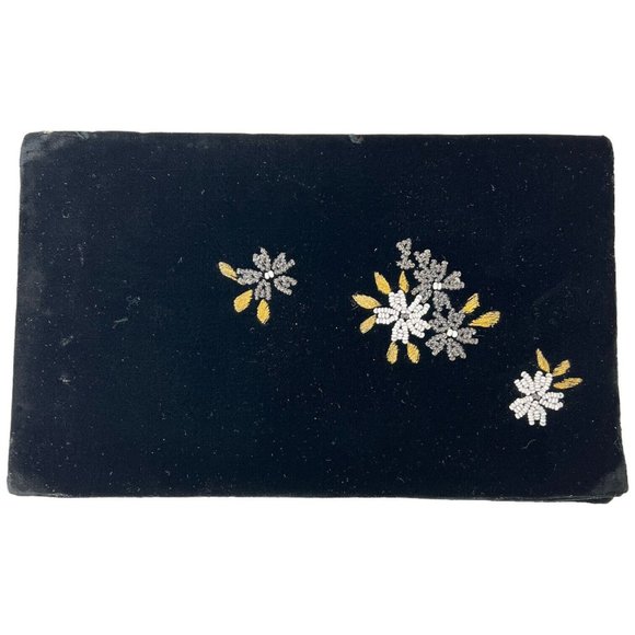Vintage Fuji Bag Black Velvet Clutch Purse HandMade Embroidered Beads Mirror - Picture 2 of 10
